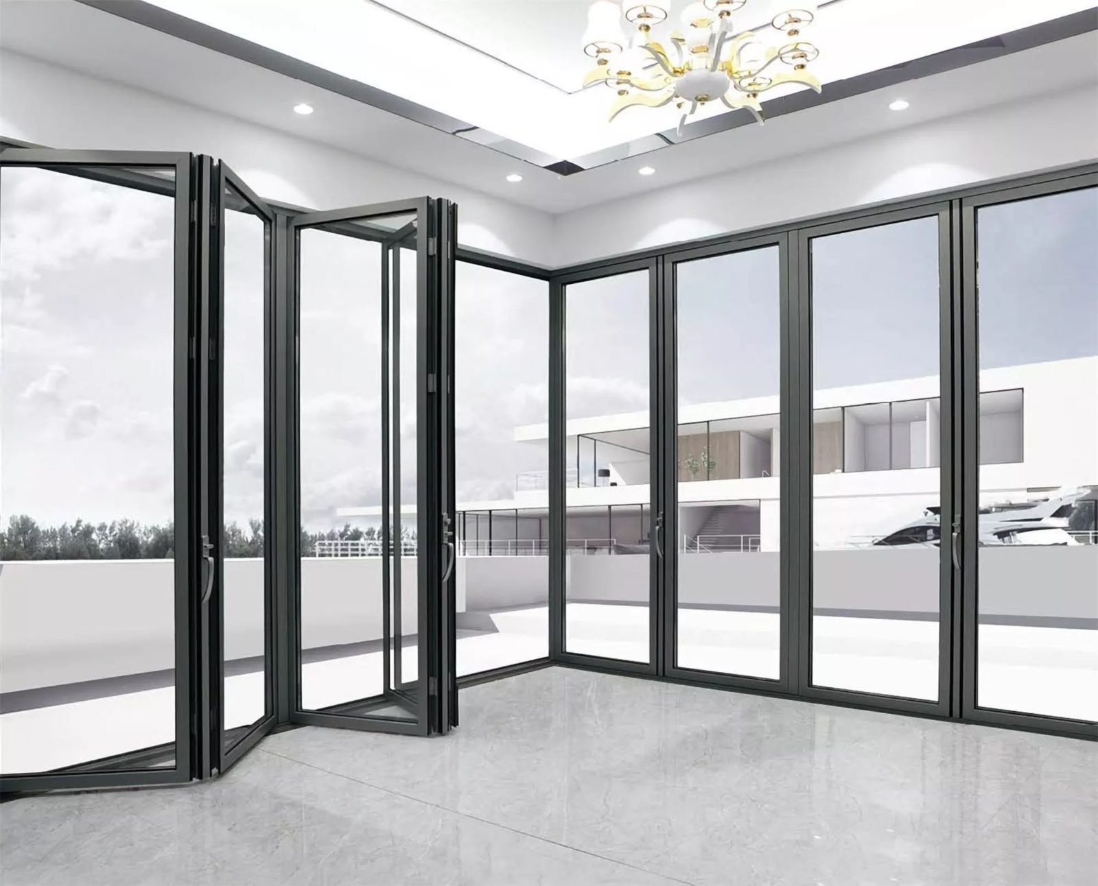 Soglia Bi-Fold aluminium doors folded open across a full wall